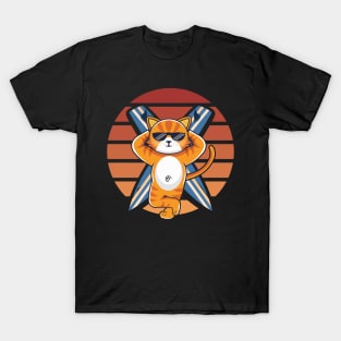 cat on surfing board cartoon illustration T-Shirt